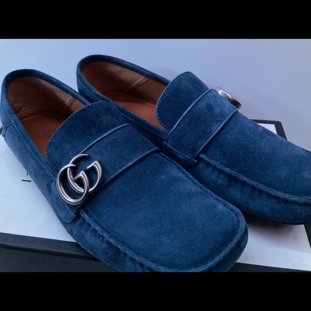 Gucci Blue Suede Loafers with Silver Accent